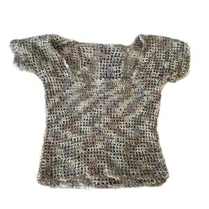 Vintage 90s Crochet Knit Top Brown Grey Metallic Mesh Square Neck Boho Size S